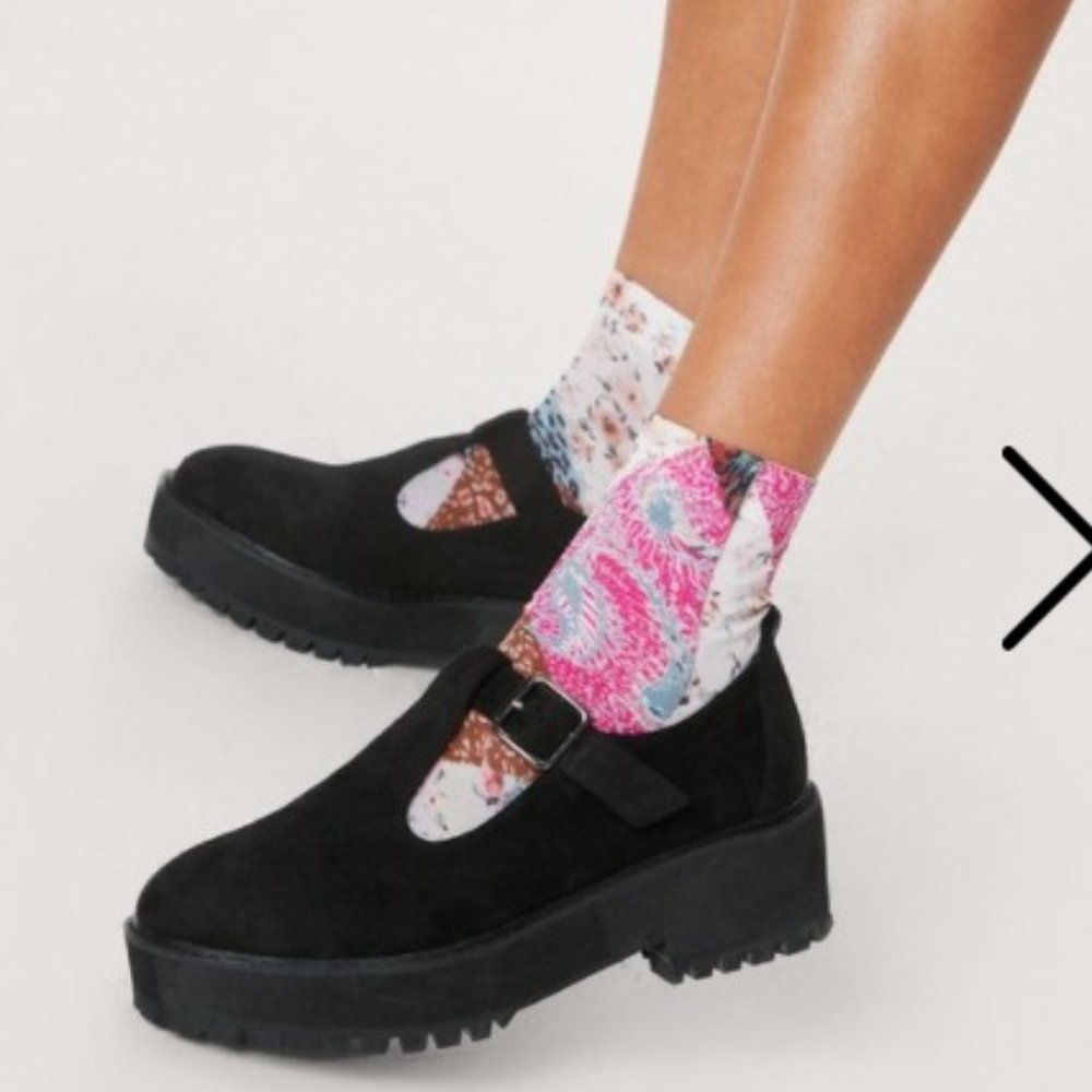 NEW Black Faux Suede Platform T Bar Mary Janes